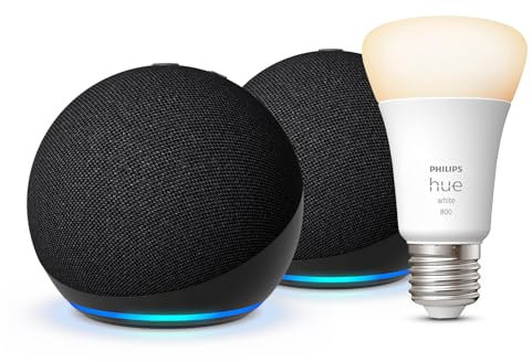 Echo Dot (5th generation) | Charcoal, 2-pack + Philips Hue Smart Bulb (E27), Works with Alexa - Smart Home Starter Kit, with Alexa+ Early Access