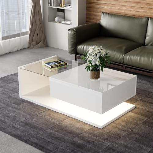 Merax Couchtisch Weiß, Wohnzimmertisch Hochglanz, LED Couchtisch, Sofatisch Kaffeetisch Beistelltisch, Wohnzimmertisch Hochglanz mit 16-Farbiger LED Beleuchtung Modern, 105x55x32cm