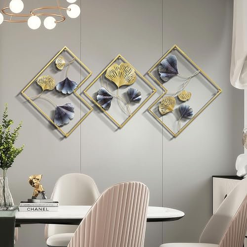 SAGGION 3PCS Ginkgo Blatt Wanddeko aus Metall, Wandskulptur Metall, Metall Wandobjekt Metallbild 3D Metallwanddekoration, Wandschmuck, Wandornament, 165 * 70CM