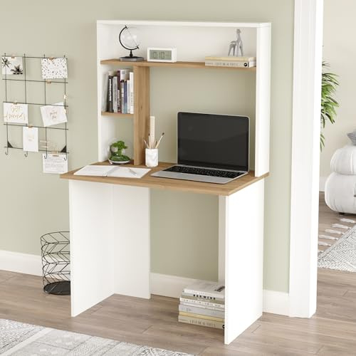 [en.casa] Scrivania con Scaffale Integrato Tavolo da Ufficio con Ripiani in Alto Postazione di Lavoro Computer con Piano 90 x 52 cm per Cameretta - Effetto Rovere/Bianco