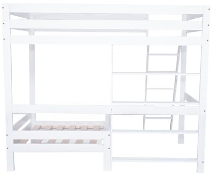 BXEYXE Etagenbett mit Regalen und Sofa, Holzbett mit Einer Schublade, Kinderbett mit fünfstufiger Schrägleiter, Bettrahmen aus Massivholz, Weiß, 90x200 cm