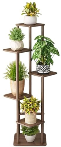 Estante de madera de varios niveles para plantas para interiores y exteriores, estante de exhibición de esquina con acabado de nogal, ideal para decoración de sala de estar, balcón, jardín y patio
