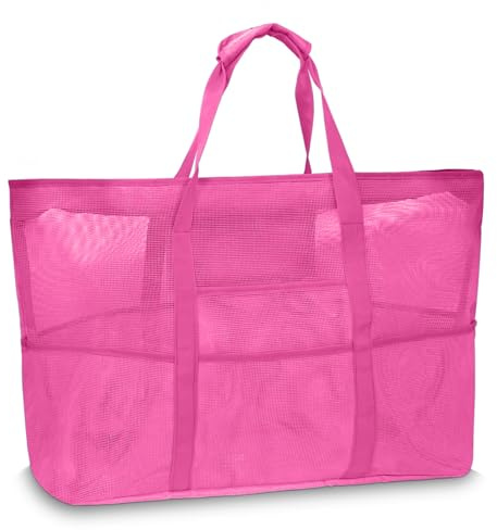 ONCCI Borsa da spiaggia da donna, grande con chiusura lampo, XXL, in rete, per spiaggia, viaggi, shopping, picnic, uso quotidiano, Colore: rosa.