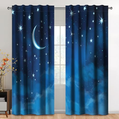 Kzzfqxb 107×160cm Starlit Sky Vorhangset aus 2 Paneelen, Blauer Mond Sterne Nacht Himmel Sternenhimmel Bedruckte vorhänge für Kinder, Schlafzimmer Wohnzimmer Fenster Vorhänge
