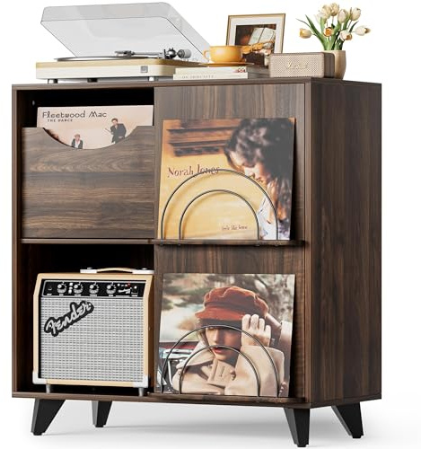 Bikoney Record Player Stand with Vinyl Display and 2 Drawers, Wooden Turntable Side Table and TV Stand Cabinet, Fits All Record Players and Speakers, Vinyl Record Storage for Living Room or Bedroom
