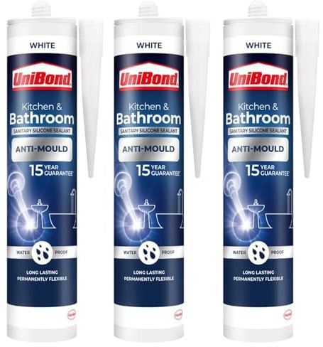UniBond Anti-Mould Kitchen & Bathroom Sealant – White – 274g Pack of 3 | Waterproof Silicone Sealant for Showers, Baths, Sinks & Tiles | Long-Lasting Mould Protection