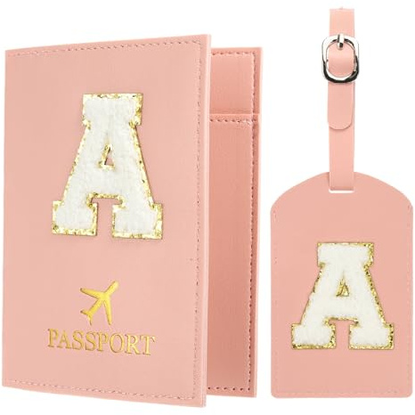 PATIKIL Porta Passaporto da Viaggio, Custodia per Passaporto con Iniziale e Set Etichetta Bagaglio con Toppa in Lettera Chenille, Portafoglio da Viaggio e Identificatore Valigia, Rosa A