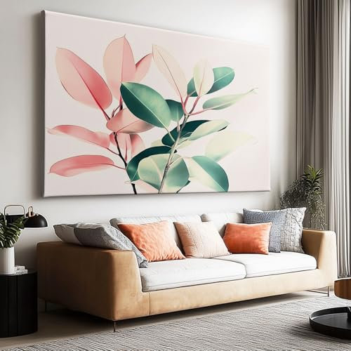 Impressions sur Toile Feuille de Bananier Plante Aquarelle Deco Tableau Murale Vert Rose, Salon Peinture Tableaux Chambre Toiles 100 x 70 cm (L x l), pour Décor de Cuisine de Chambre, Bureau