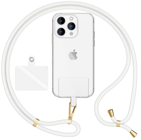 NALIA Universal Handykette für alle Smartphones, Weiß, Gold Metall | Klebefreie Montage, Reißfestes Nylon-Gewebe, Klarer und farbiger Einleger, Auch für Kamera und Wallet, HOLDME AIR