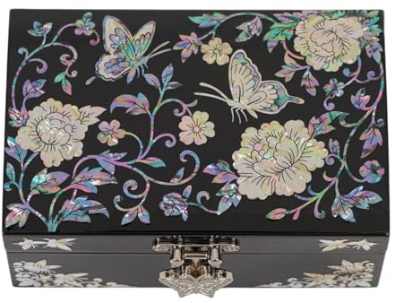 February Mountain Perlmutt Kleine Schmuckschatulle mit Spiegeldeckel, Schmuck-Organizer für Ohrringe, Halsketten, Ringe, Armbänder und Accessoires, Geschenke für Frauen, die alles haben (Butterfly)