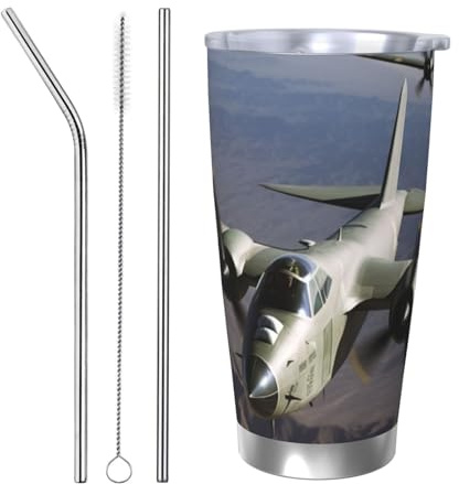 NBSKSDLK Bicchiere da caffè con aereo dell'esercito americano, in acciaio inox, isolato sottovuoto, con coperchio e cannuccia, tazza da viaggio a doppia parete per caldo/freddo, a prova di fuoriuscite
