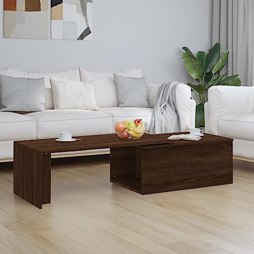 HaoChrymec Mesa de Centro con Tablero Giratorio, Efecto Roble Marrón, Madera Contrachapada Resistente, Mesa Auxiliar Sofá, Coffee Table para Salón, 150x50x35 cm