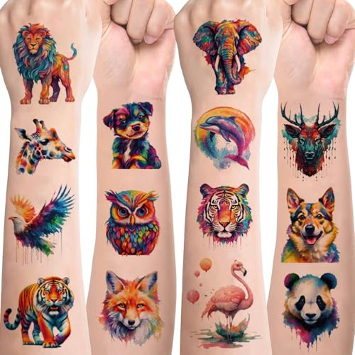 Wasserfarben Tier Tattoos für Kinder, 10 Blätter Bunte Temporäre Tattoos mit Löwe, Tiger, Panda & Einhorn, Kindertattoos Hautfreundlich für Geburtstagsparty, Mitgebsel, Gastgeschenke & Party Deko