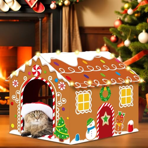 Casa de cartón de Navidad para gatos con luz LED, almohadilla para rascar, casa de juegos para gatos de jengibre, casa de juegos de Navidad para gatitos de 15.7 x 13.4 x 12.6 pulgadas, caja rascadora