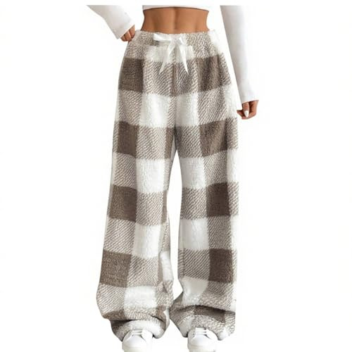 Khaki Fleece Trousers Women Plaid Pyjama Bottoms Wide Leg Lounge Pants Elasticated Waist Trousers Warm Fluffy Pj Bottoms Thermal Leggings Flared Yoga Pants Winter Loungewear Sleepwear