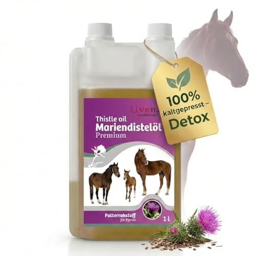 Livenay Mariendistelöl - Linolsäure & Vitamin E, enthält ausschließlich Omega-Fettsäuren - Hunde, Katzen, Pferd - Haut, Fell - 1L - Immunsystem, Ergänzungsfuttermittel, Milk Thistle Oil (Für Pferd)
