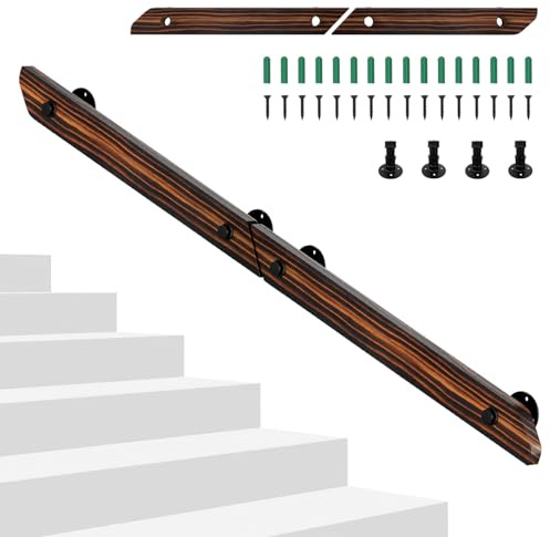 Hebitod Pasamanos de madera de pino, 150 cm, pasamanos de madera antideslizante con soportes de pared, material de montaje, barandilla para escaleras, balcón, marrón