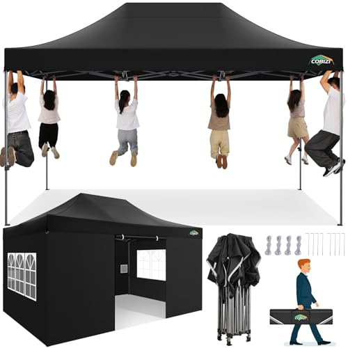 COBIZI Pavillon 3x4,5 Wasserdicht Stabil Winterfest, Pop Up Faltpavillon | 3x4,5 Partyzelt mit 4 Seitenwänden, Gartenpavillon UV Schutz Festival Partyzelt Sonnenschutz Pavillon, Schwerlast, Schwarz