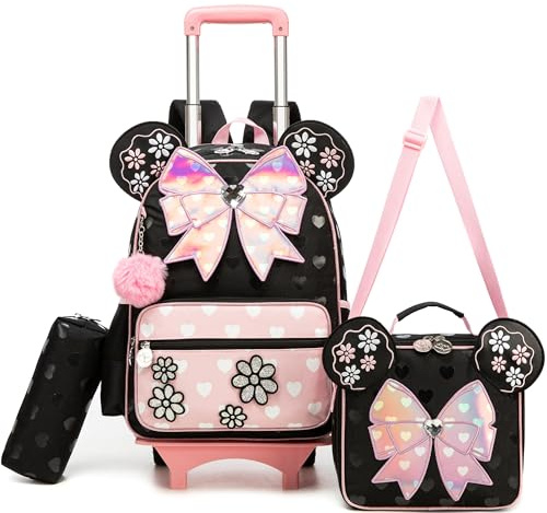 HTgroce Cartable à Roulettes Fille Set 3 Pièces – Sac d'école Primaire (CP, CE1, CM1) avec Sac à Goûter & Trousse – Cartable Trolley à Roues pour Rentrée Scolaire