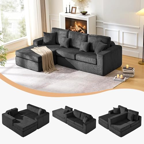 CLIPOP Boneless Sofa Corner Sofa Bed L Shaped Left with Deep Seat, Corduroy 3 Seater Sofas Modular Chaise Lounge for Living Room, No Assembly Required - Sofa in a Box (black)
