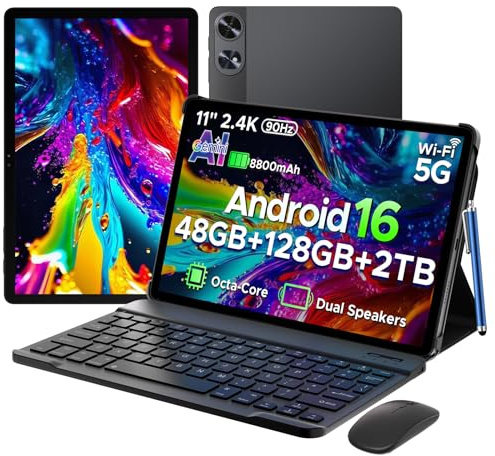 Aorlym P11 Pro 11 Inch Tablet with Android 16 & Gemini AI, 48GB RAM+128GB ROM/2TB, 8800mAh/18W, T7250 Octa-Core, 120Hz, 5MP+13MP, 3.5mm Jack, GPS, FM, Face ID,OTG,5G WiFi, Tablet with Keyboard Stylus