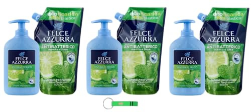 Felce Azzurra Sapone Liquido Sapone Menta e Lime Pacchetto Test/Ricarica 3 × 500 ml + Sapone 3 × 300 ml Sapone per le mani con profumo di culto dall'Italia + Portachiavi Beni Culinari