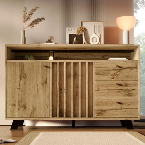 FammyLoft Sideboard mit 3 Schubladen und 2 Türen, Vintage Kommode mit Lamellenfront im Vintage Stil, Highboard mit Offenem Fach, Schubladenschrank, für Wohnzimmer/Esszimmer, 120cm, Dunkler Eiche