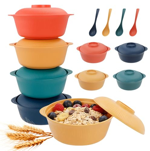 DIYJEP 4 Pcs Reusable Plastic Bowl with Lid Spoons, 1000ML Unbreakable | Includes Lids and Spoons. Microwave Dishwasher Safe. Lightweight Serving Bowls for Noodle Fruit