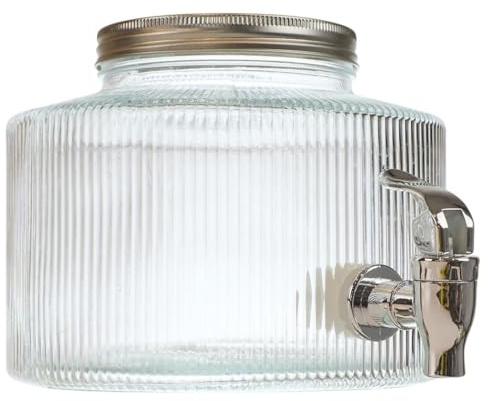 HowHomely Dispensador de bebidas, recipiente para bebidas de cristal, 2 L, con grifo, dispensador de zumo, dispensador de agua, dispensador de limonada con tapa redonda acanalada