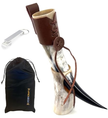 HORNCRAFT Viking Drinking Horn with Stand & Leather Holster | Handmade | Genuine Ox Horn | 11-15 Inches | 300ml - 500ml | Gift Tote & Bottle Opener | Viking Drinking Beer Mug | Unique Viking Gift