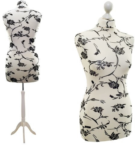 LUCCESI Schneiderpuppe | Size S - XL (Female ♀) | Torso L/XL (42-44) | Bezug Creme-Weiss/florales Muster (schwarz) | Standfuss Weiss | Damen - Schaufensterpuppe