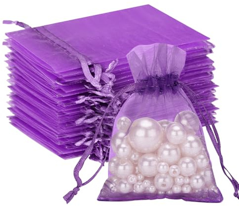 G2PLUS Purple Organza Gift Pouches 7x9 cm: 100 PCS Small Favour Bags | Wedding Jewelry Bags - Clear Mesh Pouches Perfect for Wedding, Christmas, Birthday, Anniversary