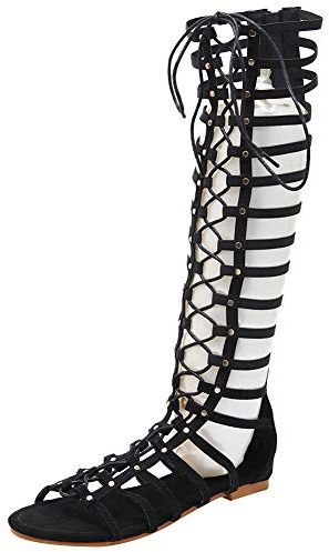 Jamron Femmes Genou Haut Gladiateur Bottes Sandales Plat Lacer Fermeture Éclair Romain Lanière Spartiate Sandale Noir SN02610 EU38.5