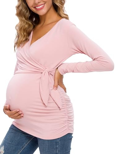 Glampunch Women's Maternity Shirts Short & Long Sleeve Tie Front Wrap Maternity Tops