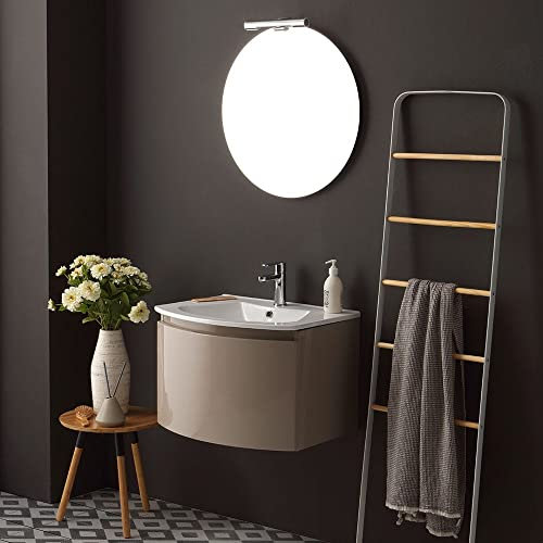 Kiamami Valentina - Mobile Bagno Sospeso | Linea Curva | 1 Cassetto Ampio | Lavabo Ceramica | Specchio Tondo con LED | Cappuccino Lucido, 62 CM, Legno Ingegnerizzato