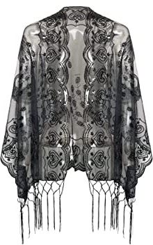 Coucoland 1920s Stola Donna Motivo Pavone Retro Sciarpa Foulard Foulard per Abito Da Sera Vintage Matrimonio Donna Copertura Spalla Anni 20 Stile Gatsby Costume Accessori, Nero , Taglia unica