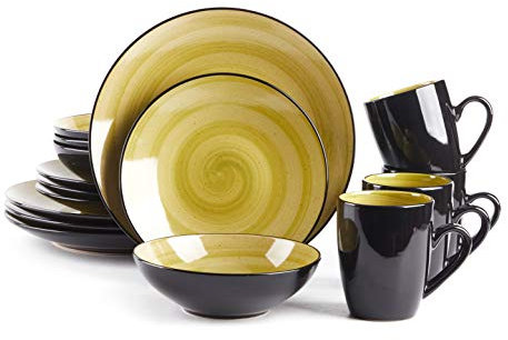 HomeVss Sonoma 16 Piece Stoneware Dinner Set, Outside Black + Inside Handpainted Color Green with Black speckle