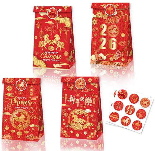 HOWAF 12pcs 2026 Chinesische Neujahr Geschenk Tüten, Jahr der Pferdes Partytüte für Chinesische Neujahr Süßigkeiten Zubehör, Frühlingsfest Partytüte mit Geschenkanhänger Aufkleber 18pcs