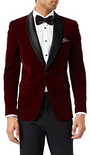 Veste de Velours Doux pour Hommes Veste rétro adaptée à la fête Tuxedo Blazer Noir Satin Châle Revers [AMZCH-TUX-SAM-BURGUNDY-38]