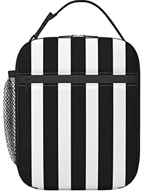 KUOAICY Lonchera de rayas blancas y negras reutilizables con aislamiento, bolsa de almuerzo térmica para hombres, mujeres, niños, niñas, trabajo, playa, picnic, viajes