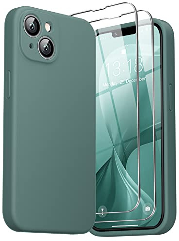 GOODVISH 3 in 1 Liquid Silikon Hülle für iPhone 14 Hülle, PineGrün | mit 2 Stück Schutzfolie, Stoßfester Kratzfestem Handyhülle Schutzhülle Soft Mikrofaserfutter Case für iPhone 13 6.1