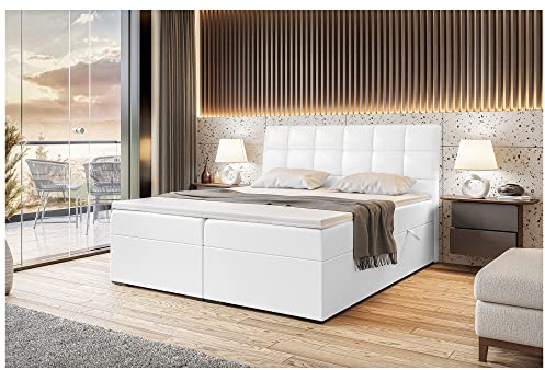 MEBLINI Boxspringbett mit Bettkasten - Gepolstert Doppelbett mit Matratze und Topper - Polsterbett mit Stauraum - Bett mit Kopfteil - Stauraumbett - Drago - 160x200 - H3/Weiß Kunstleder