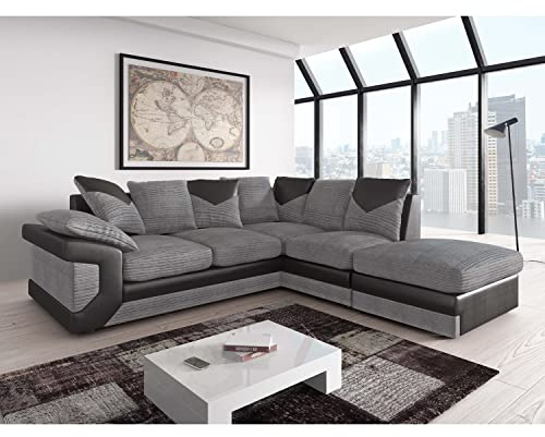 Furnishings For Less UK New Large Dino 4 to 5 Seater Corner Sofa Cord Black and Grey or Brown and Beige Left or Right Hand With FREE FOOTSTOOL (Black and Grey, Right Hand Facing)