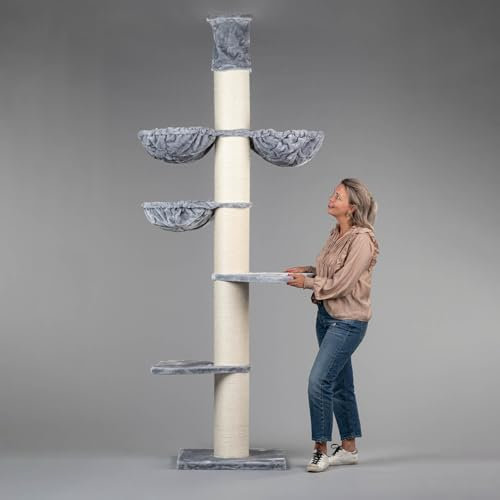 RHRQuality Kratzbaum für große Katzen – Maine Coon Tower Plus – 245 bis 265 cm hoch – Mit extra dicken 20 cm Sisalstämmen – Hellgrau