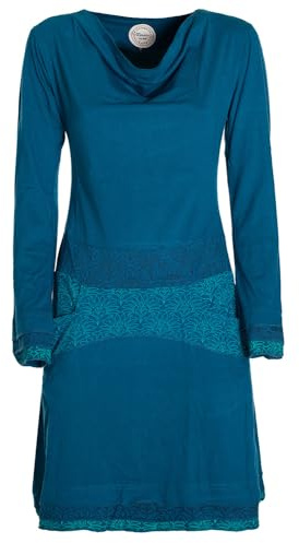 Vishes - Alternative Bekleidung - Langarm Damen Kleid mit Wasserfallkragen Bund Bedruckt Taschen