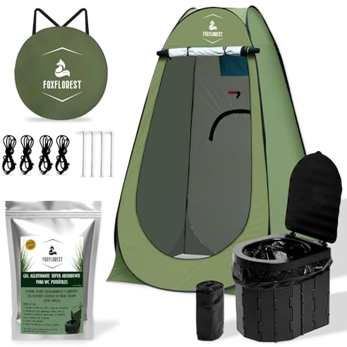 WC Portátil Kit para Adultos y niños. Incluye Tienda Ducha Camping/Cambiador, WC Portátil y Gel Aglutinante Super Absorbente para residuos. Ideal para Festivales.