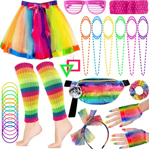 Peirich 29PCS 80er Jahre Kostümzubehör für Frauen, Disco Party Kleidung aus den 1980er Jahren, Beinwärmer, Tutu Röcke Neon Bananen Taschen für Frauen 80er Jahre Dress Up