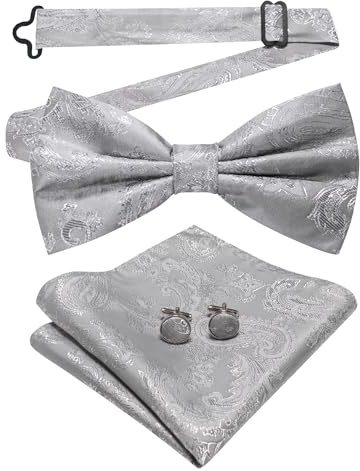 JEMYGINS Cravatta da uomo con design a fiore di anacardi Stile retrò con gemelli e fazzoletto da taschino, argento, M
