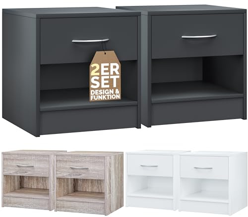 CASARIA® Mesita de Noche Juego de 2 Mesilla Dormitorio Cama Mesa Auxiliar Salón con Cajón Amplio Moderno Resistente Estable 41x39x28cm Mueble Antracita