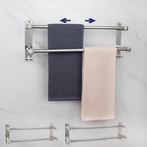 Handtuchhalter Wand Einziehbar 50-90CM Edelstahl Glänzend Handtuchstange Lochstanzen Zweiarmig Badetuchhalter mit Haken Wandmontage für Badezimmer Küche Toilette (2 Stöckig)